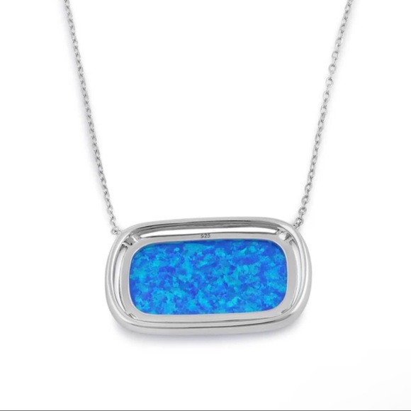925 Sterling Silver Blue Opal Squoval CZ Halo Necklace - Picture 5 of 6
